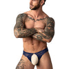 Man Wearing Navy Male Power Sassy Lace Open Ring Thong Front