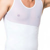 Man Wearing White Tartarus Wrap It Body Shaper, Men's Compression Slimming Vest on a White Background