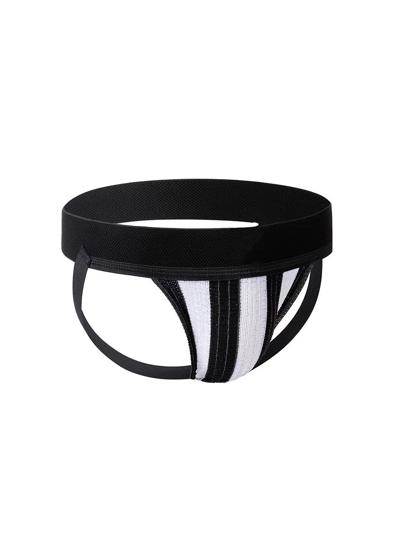 Black and white striped Fizx James Knit Jockstrap on a white background