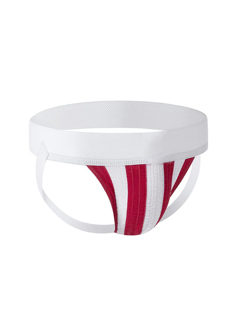 Red and white striped Fizx James Knit Jockstrap on a white background