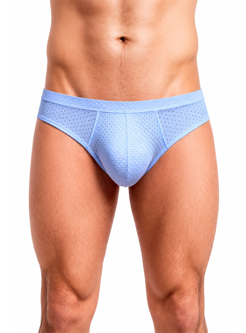 Man wearing light blue Pride Mesh Bunz Brief with Plus Pouch, Men's Mesh Underwear on a white background