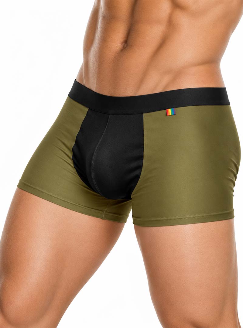 Man wearing army Pride Ultra Stretch Amplify Trunk on a white background, side view
