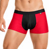Man wearing red Pride Ultra Stretch Amplify Trunk on a white background, front view