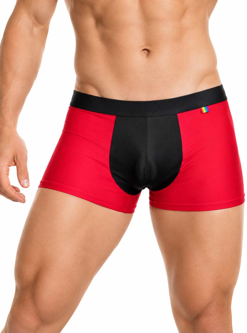 Man wearing red Pride Ultra Stretch Amplify Trunk on a white background, front view