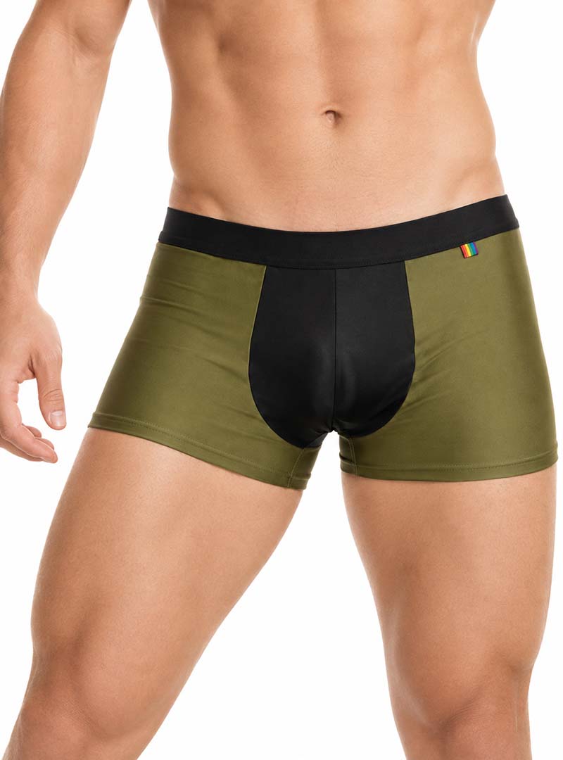 Man wearing army Pride Ultra Stretch Amplify Trunk on a white background, front view