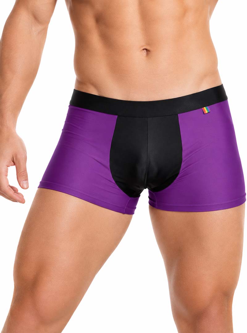 Man wearing purple Pride Ultra Stretch Amplify Trunk on a white background, front view