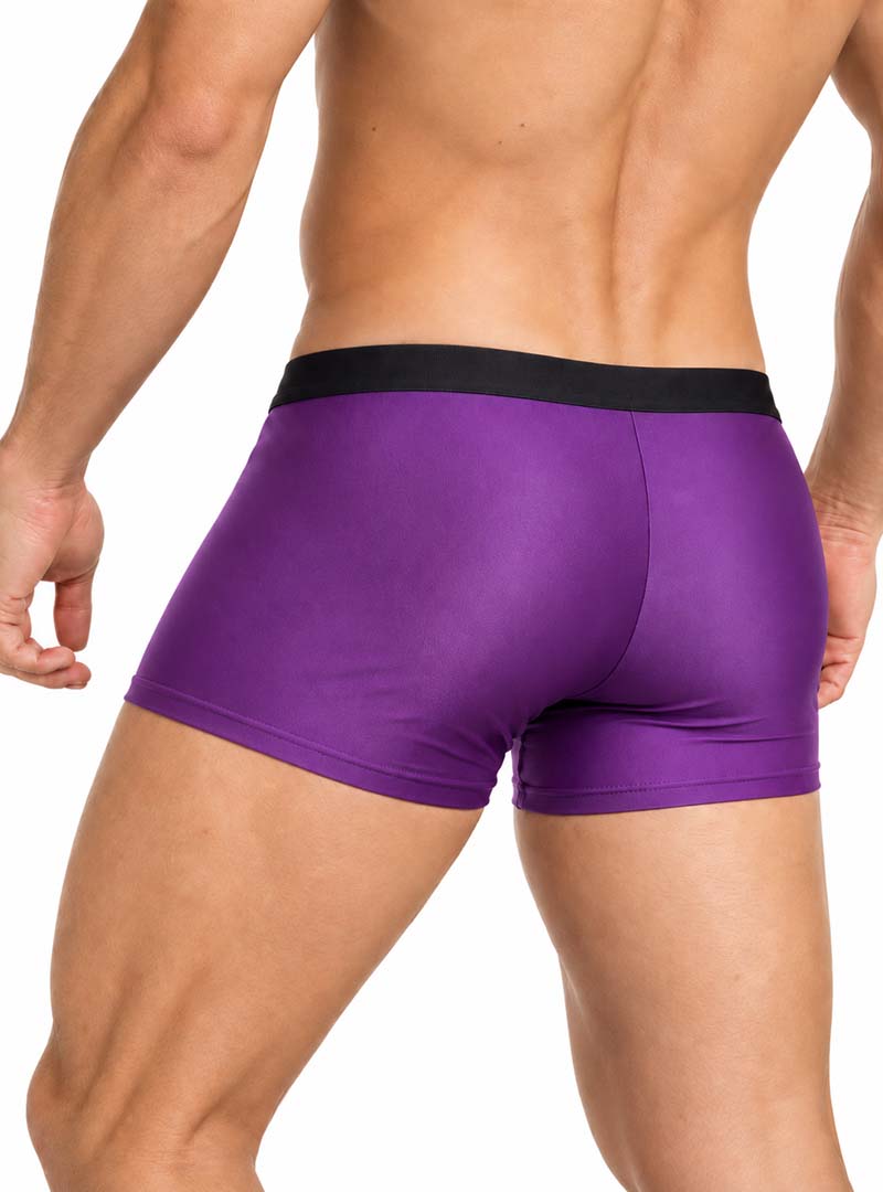 Man wearing purple Pride Ultra Stretch Amplify Trunk on a white background, rearview