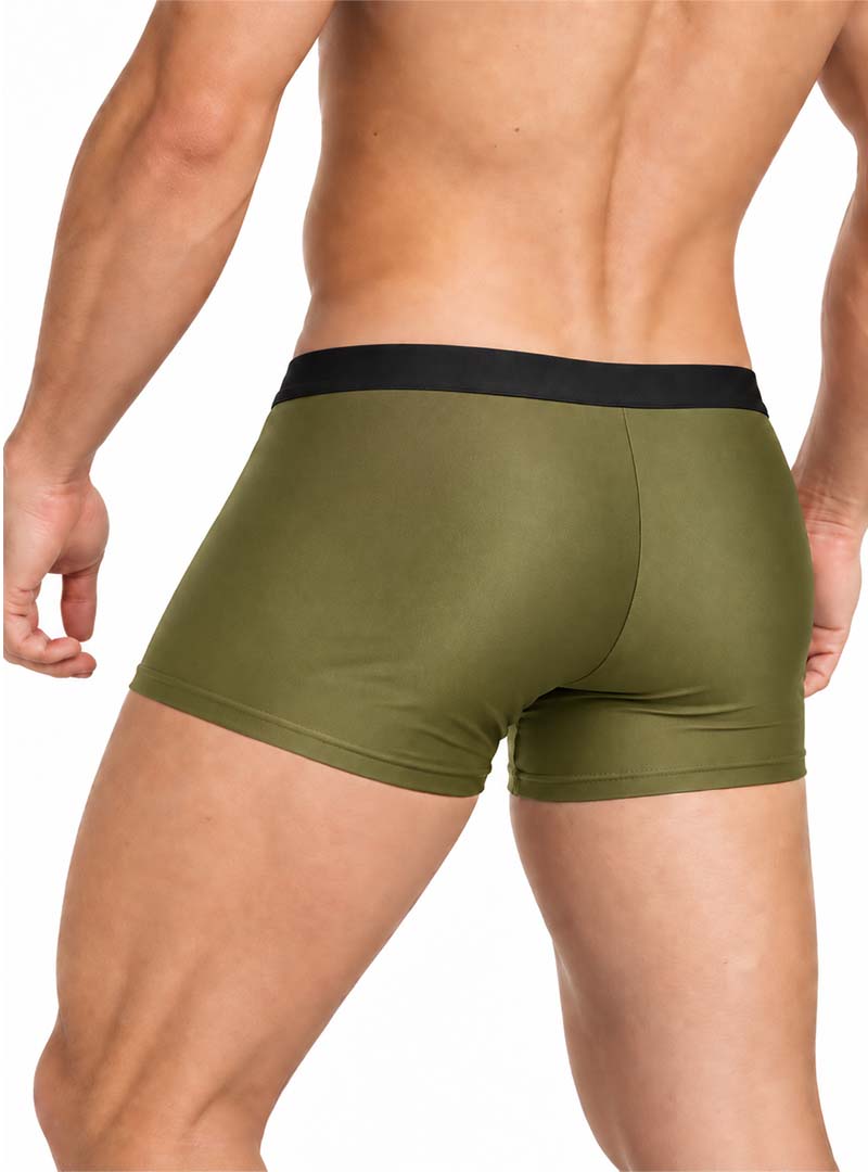 Man wearing army Pride Ultra Stretch Amplify Trunk on a white background, rear view