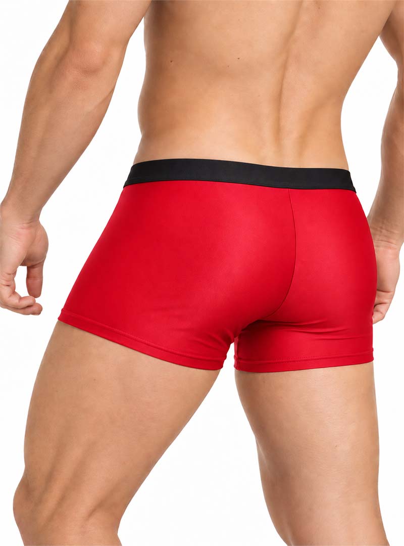 Man wearing red Pride Ultra Stretch Amplify Trunk on a white background, rear view