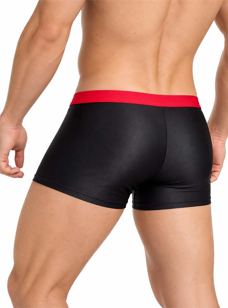 Man wearing black Pride Ultra Stretch Amplify Trunk on a white background, rear view
